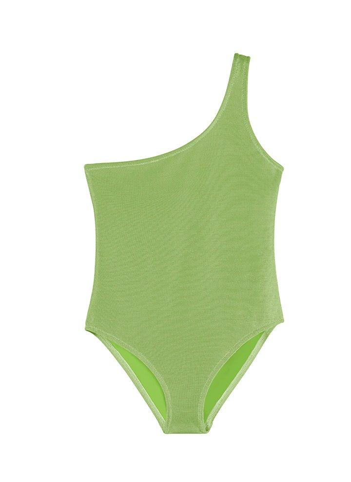 Front View of Kitty Green Kids Swimsuit - MOEVA Luxury Swimwear, One Piece, One Shoulder Kids Swimsuit, MOEVA Luxury  Swimwear 