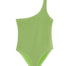 Front View of Kitty Green Kids Swimsuit - MOEVA Luxury Swimwear, One Piece, One Shoulder Kids Swimsuit, MOEVA Luxury  Swimwear 