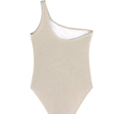 Back View of Kitty Silver Kids Swimsuit - MOEVA Luxury  Swimwear, Metallic Fabric, Fully Lined	Kids Swimsuit, MOEVA Luxury  Swimwear 