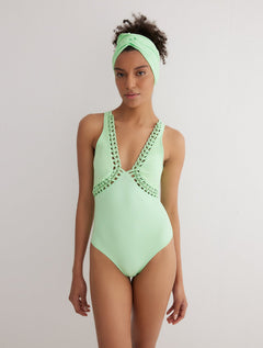 Klara Mint Green V-Neck Swimsuit With Chain Details -Swimsuit Moeva