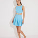 "Front view of the Lanao blue cut-out knitted dress showcasing the high neck, thigh-length hem, and torso-baring cut-outs at the waist with a gold accessory for an elegant look."