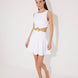 Front View: Model in Lanao White Dress - MOEVA Luxury Swimwear, Knitted, Thigh Length, Cutout, High Neck, MOEVA Luxury Swimwear
