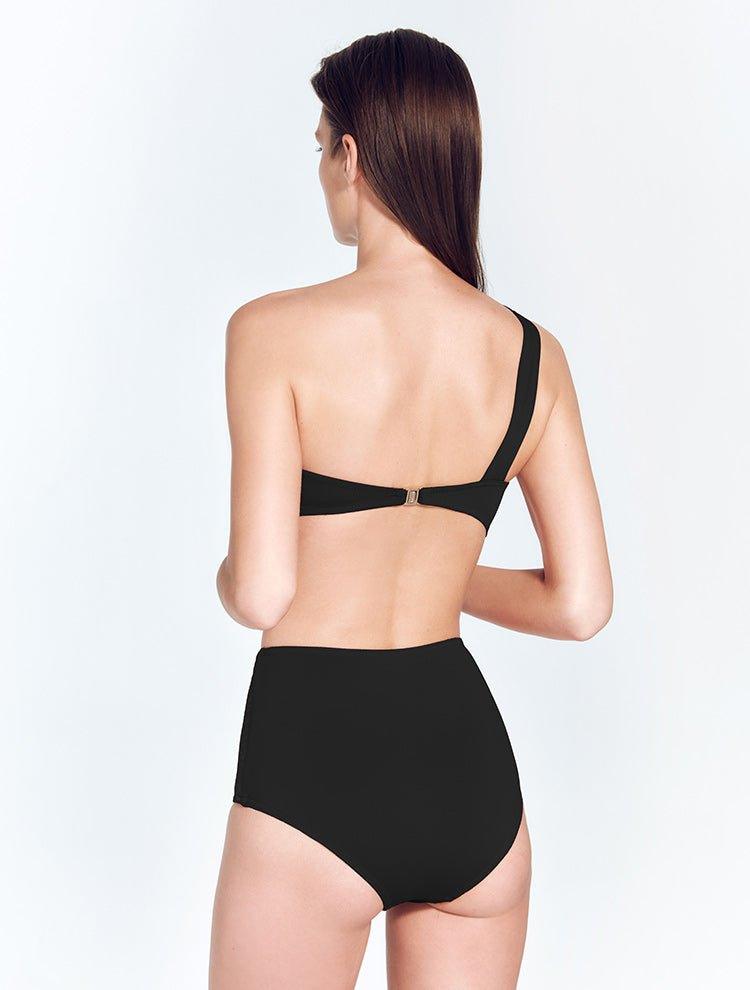 "Back view of the Leana Black Bikini Bottom, displaying the full coverage and high-rise waist."