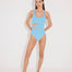 Front View: Model in Lelia Blue Swimsuit - MOEVA Luxury Swimwear, Mesh Details, Fully Lined, Removable Padding, Italian Fabric, Special Lycra Xtralife Certificate, MOEVA Luxury Swimwear 