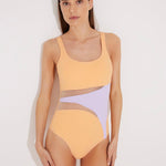 Front View: Model in Lelia Orange/Lilac Swimsuit - MOEVA Luxury Swimwear, Mesh Details, Fully Lined, Removable Padding, Italian Fabric, Special Lycra Xtralife Certificate, MOEVA Luxury Swimwear 
