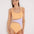 Front View: Model in Lelia Orange/Lilac Swimsuit - MOEVA Luxury Swimwear, Mesh Details, Fully Lined, Removable Padding, Italian Fabric, Special Lycra Xtralife Certificate, MOEVA Luxury Swimwear 