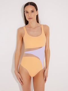 Front View: Model in Lelia Orange/Lilac Swimsuit - MOEVA Luxury Swimwear, Mesh Details, Fully Lined, Removable Padding, Italian Fabric, Special Lycra Xtralife Certificate, MOEVA Luxury Swimwear 