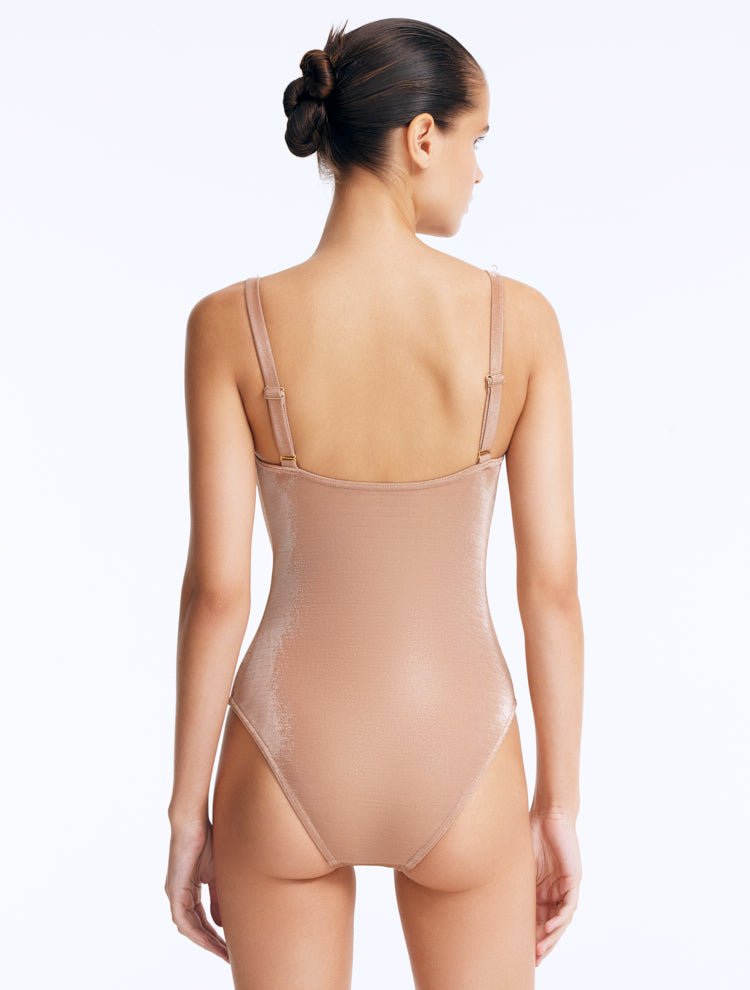 Model Wearing Lennox Bronze Swimsuit - Back View: Chic and Accessorised Swimsuit, Italian Fabric, MOEVA Luxury Swimwear