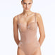 Front View: Lennox Bronze Swimsuit on Model - Metallic Fabric, Chic Style, Clear Glass Drop Embellished Straps, Push Up Lining, MOEVA Luxury Swimwear
