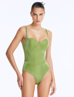 Front View: Lennox Green Swimsuit on Model - Chic Style, Push-Up Lining, Metallic Fabric, Clear Glass Drop Embellished Straps, Flattering All Bust Shapes, MOEVA Luxury Swimwear