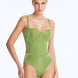 Front View: Lennox Green Swimsuit on Model - Chic Style, Push-Up Lining, Metallic Fabric, Clear Glass Drop Embellished Straps, Flattering All Bust Shapes, MOEVA Luxury Swimwear