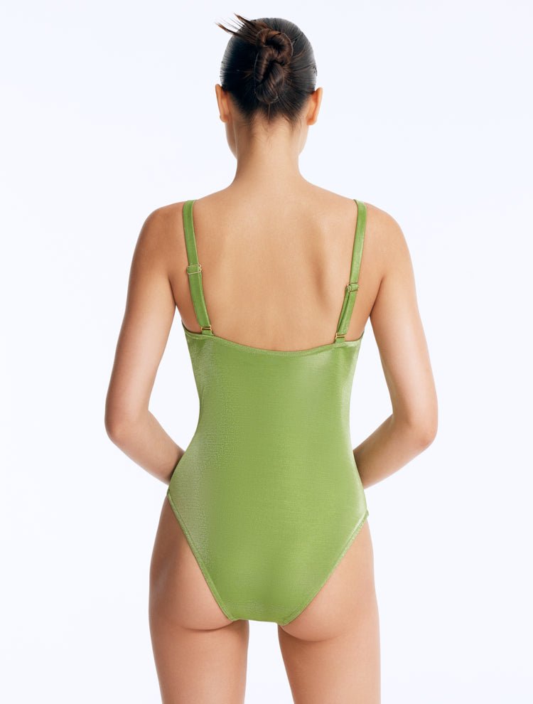 Back View: Model Wearing Lennox Green Underwire Swimsuit - Fully Lined, Full Bottom Coverage, Italian Fabric, MOEVA Luxury Swimwear