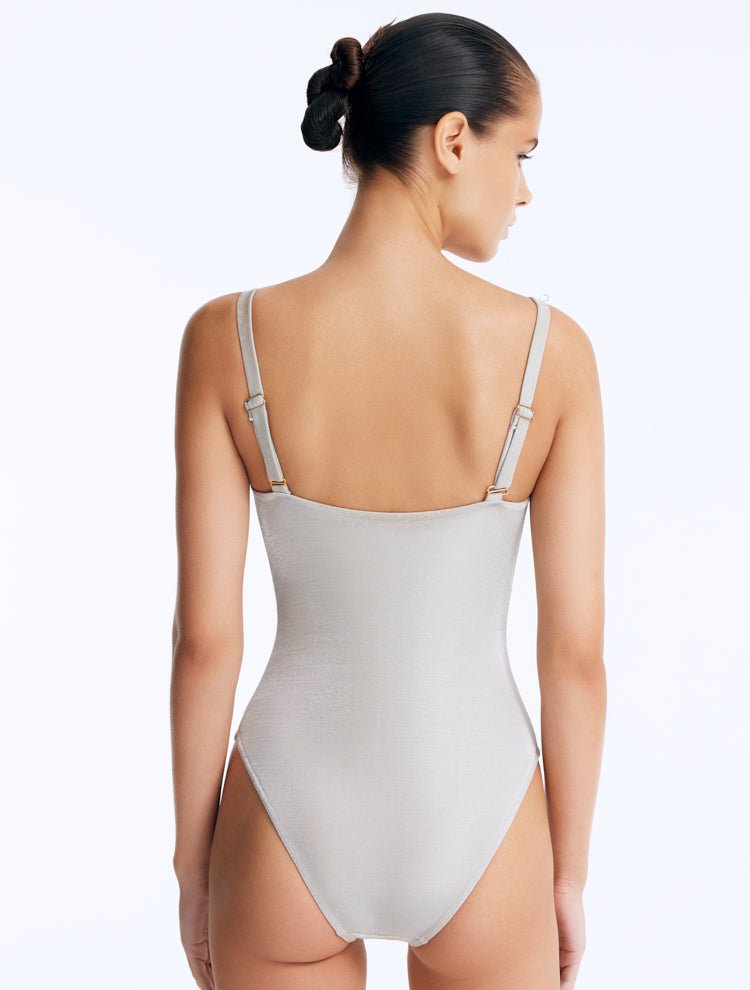 Model in Lennox Silver Underwire Swimsuit - Back View: Full Bottom Coverage, Italian Fabric, MOEVA Luxury Swimwear