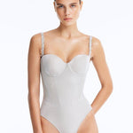 Front View: Lennox Silver Swimsuit - Metallic Fabric, Chic Style, Clear Glass Drop Embellished Straps, Push Up Lining, MOEVA Luxury Swimwear