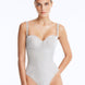 Front View: Lennox Silver Swimsuit - Metallic Fabric, Chic Style, Clear Glass Drop Embellished Straps, Push Up Lining, MOEVA Luxury Swimwear