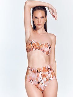 Front View: Model in Livia Floral Abstract Bikini Bottom - MOEVA Luxury Swimwear, High Rise, Moderate Coverage, MOEVA Luxury Swimwear