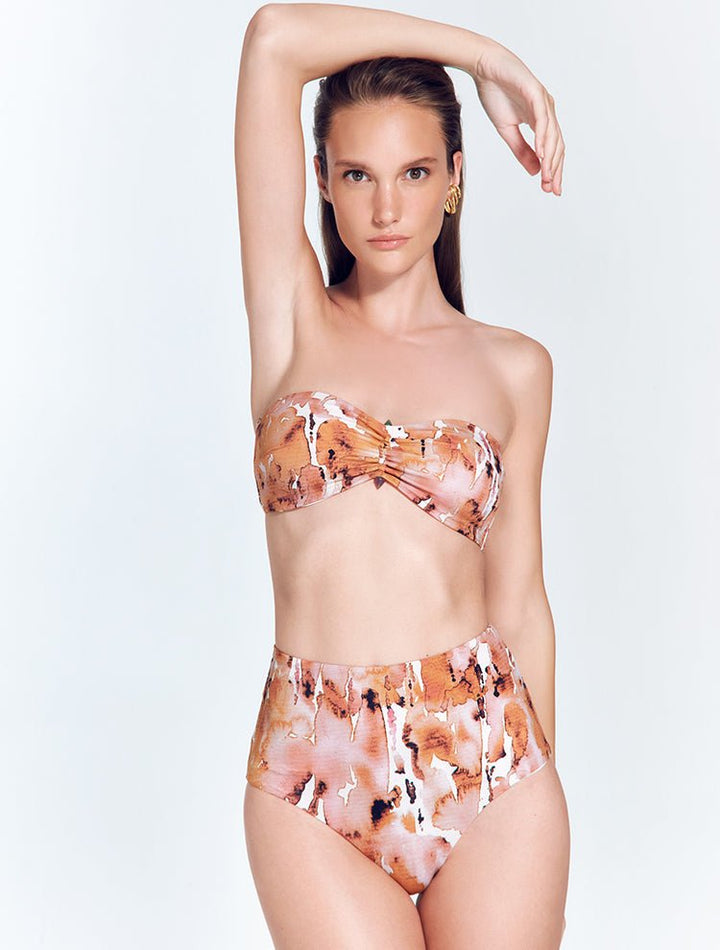Front View: Model in Livia Floral Abstract Bikini Bottom - MOEVA Luxury Swimwear, High Rise, Moderate Coverage, MOEVA Luxury Swimwear