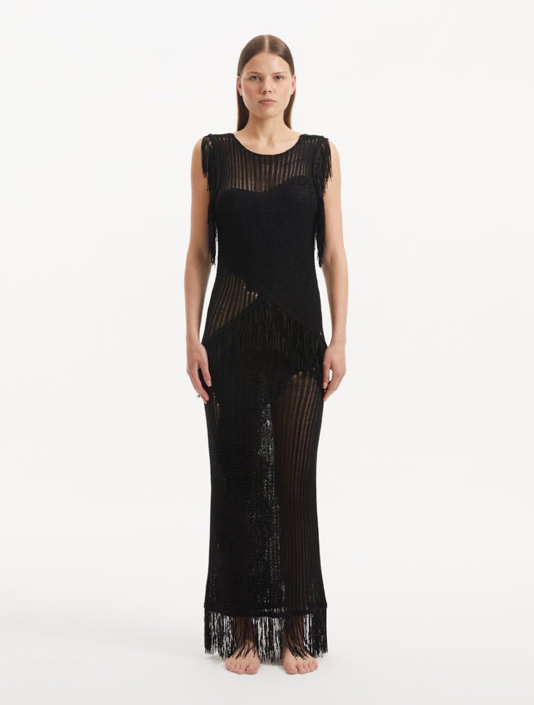 " Locklyn Black Dress from the front, showcasing the scoop neckline and intricate mesh knit pattern."