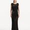 " Locklyn Black Dress from the front, showcasing the scoop neckline and intricate mesh knit pattern."
