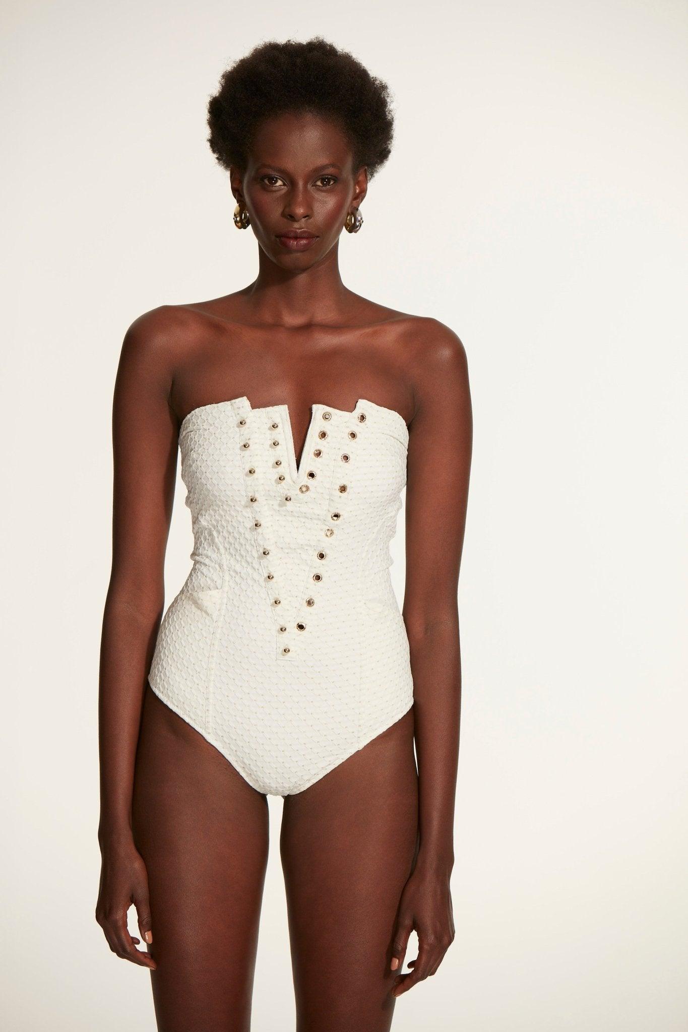 Lorie Seersucker White Swimsuit - Moeva