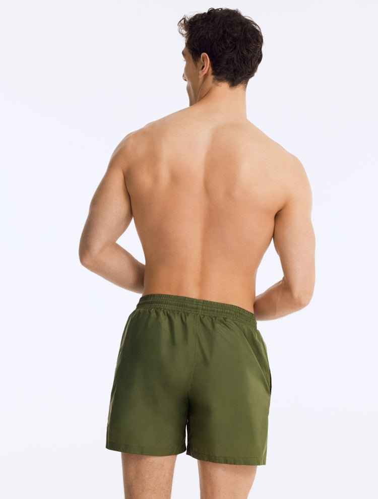 Back View: Louis Army Green Shorts on Model - Drawstring Waist, Mid Length, Quick Dry, MOEVA Luxury Swimwear   