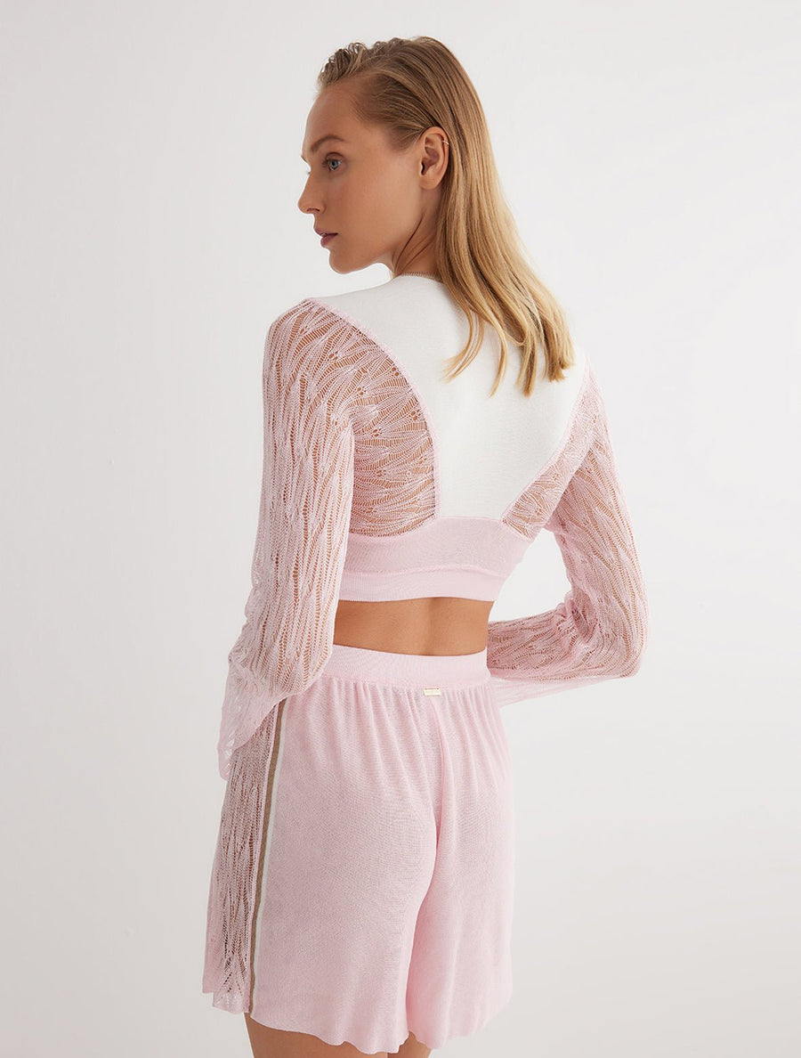 Lovisa Pink/White/Nude Knitted V-Neck Blouse With Sheer Long Sleeves -RTW Bustiers Moeva