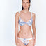 "Front view of the Lucille Blue Abstract Bikini Bottom showcasing the low rise cut and fully lined design."