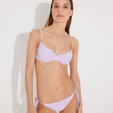 Front View: Model in Luigiana Lilac Bikini Top - Adjustable Straps, Lined, Italian Fabric, Special Lycra, Xtralife Certificate MOEVA Luxury Swimwear 
