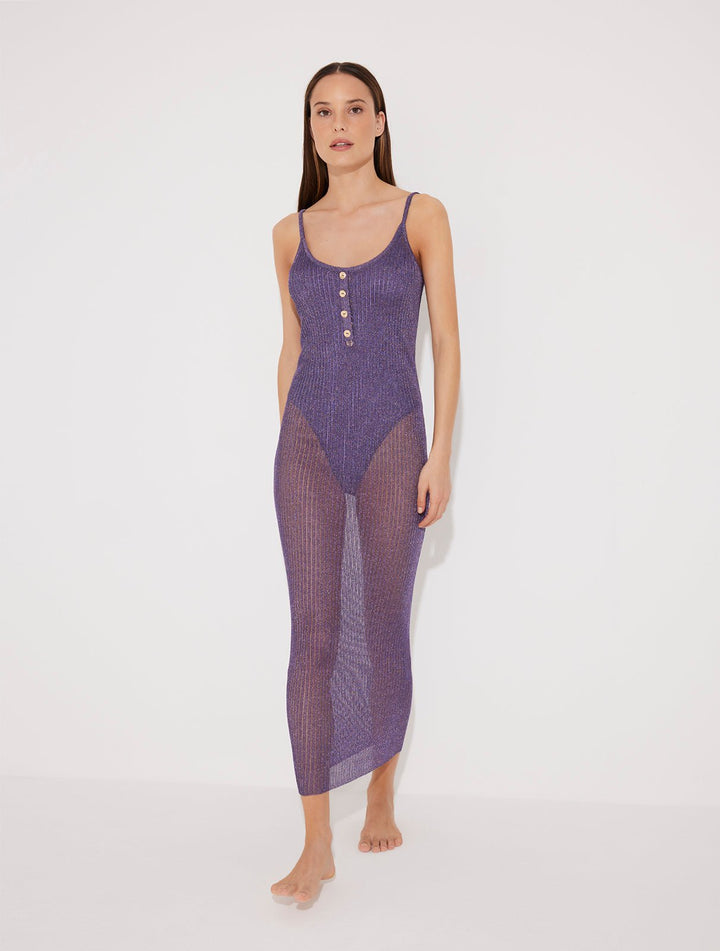 Front View: Model in Lulusar Lilac Dress - MOEVA Luxury Swimwear, Mesh Knit, Ribbed, Metal Button Detail, Sleeveless, MOEVA Luxury Swimwear