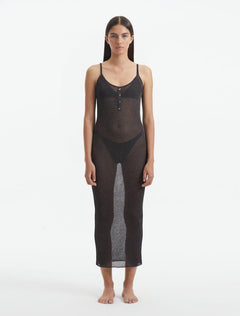 Front View: Model in Lulusar Silver Dress - MOEVA Luxury Swimwear, Mesh Knit, Ribbed, Metal Button Detail, Sleeveless, MOEVA Luxury Swimwear