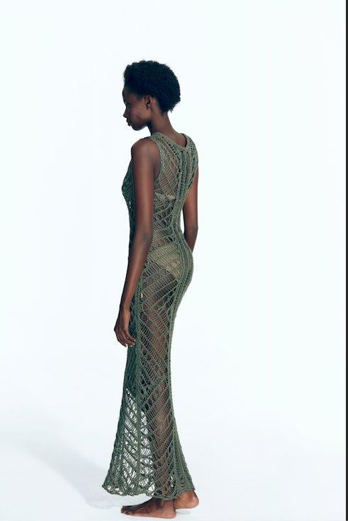 "Back view of Luna Army Green Dress displaying intricate crochet pattern."