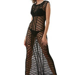 "Model wearing Luna Black Crochet Dress from the front, highlighting the floor-length design and scoop neckline."