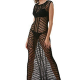 "Model wearing Luna Black Crochet Dress from the front, highlighting the floor-length design and scoop neckline."