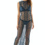 "Model wearing Luna Dark Blue Crochet Dress from the front, highlighting the floor-length design and scoop neckline."