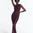 "Model wearing Luna Prune Crochet Dress from the front, highlighting the floor-length design and scoop neckline."