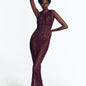 "Model wearing Luna Prune Crochet Dress from the front, highlighting the floor-length design and scoop neckline."