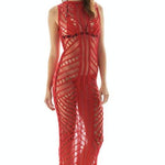 "Model wearing Luna Red Crochet Dress from the front, highlighting the floor-length design and scoop neckline."