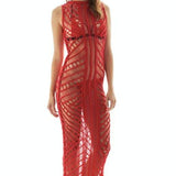 "Model wearing Luna Red Crochet Dress from the front, highlighting the floor-length design and scoop neckline."