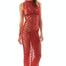 "Model wearing Luna Red Crochet Dress from the front, highlighting the floor-length design and scoop neckline."