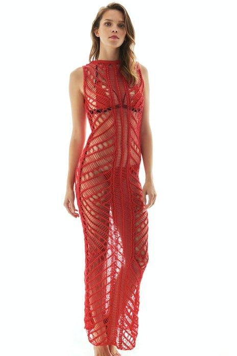 "Model wearing Luna Red Crochet Dress from the front, highlighting the floor-length design and scoop neckline."