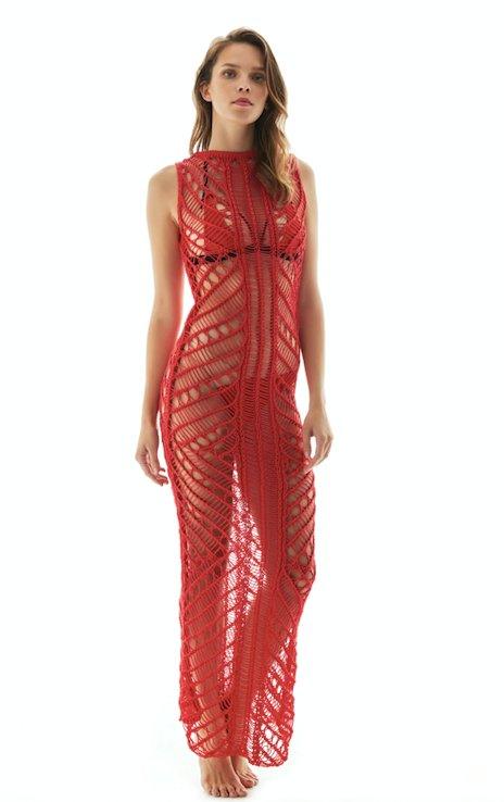 "Model wearing Luna Red Crochet Dress from the front, highlighting the floor-length design and scoop neckline."