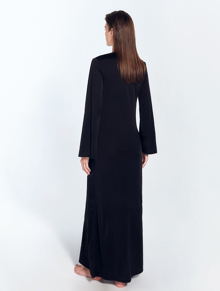 Lupita Black V-Neck Maxi Dress With Natural Stone Detail -Beachwear Dresses Moeva
