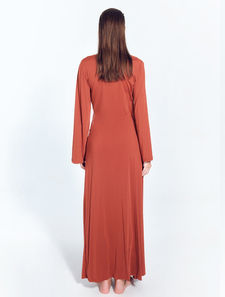Lupita Red Ochre V-Neck Maxi Dress With Natural Stone Detail -Beachwear Dresses Moeva