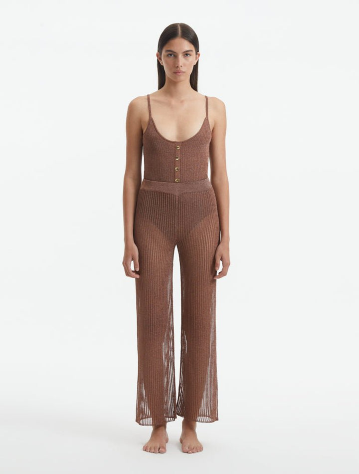 Front View: Model in Luz Brown Pants - MOEVA Luxury Swimwear, Mesh Knit, Ribbed, Metallic, MOEVA Luxury Swimwear