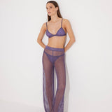 Front View: Model in Luz Lilac Pants - MOEVA Luxury Swimwear, Mesh Knit, Ribbed, Metallic, MOEVA Luxury Swimwear