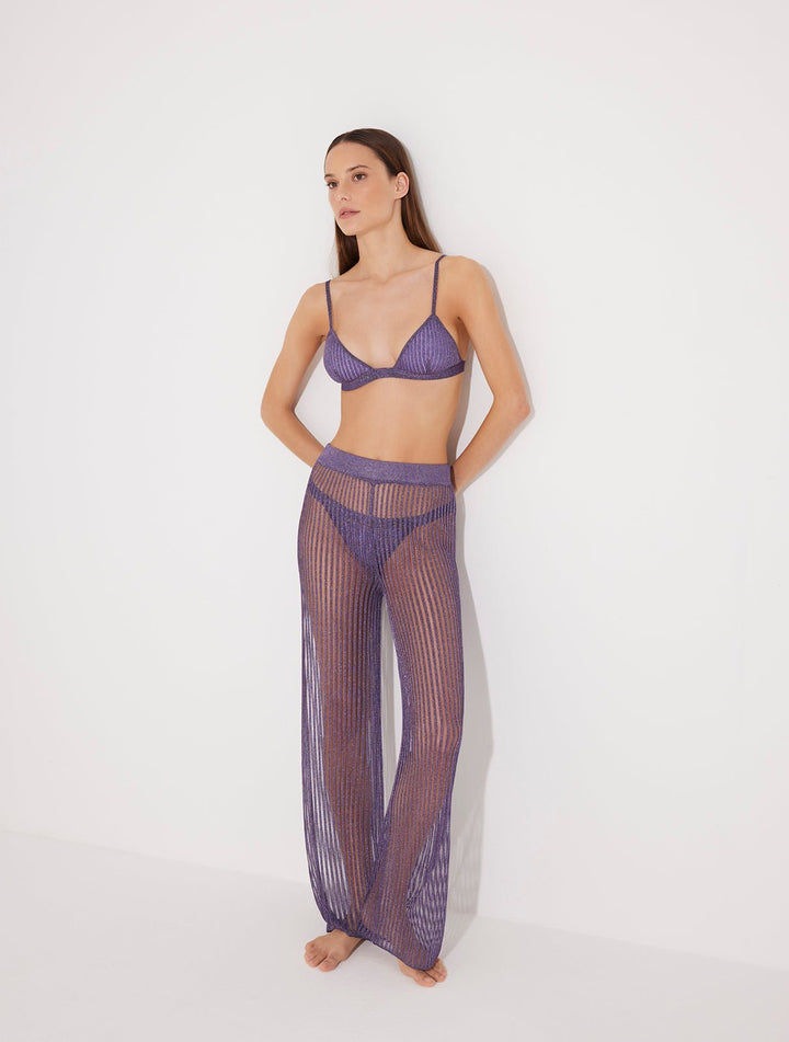 Front View: Model in Luz Lilac Pants - MOEVA Luxury Swimwear, Mesh Knit, Ribbed, Metallic, MOEVA Luxury Swimwear