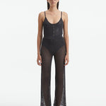Front View: Model in Luz Silver Pants - MOEVA Luxury Swimwear, Mesh Knit, Ribbed, Metallic, MOEVA Luxury Swimwear