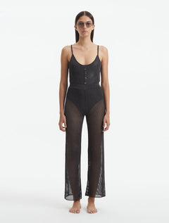 Front View: Model in Luz Silver Pants - MOEVA Luxury Swimwear, Mesh Knit, Ribbed, Metallic, MOEVA Luxury Swimwear