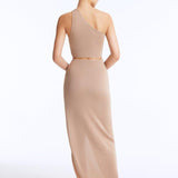 Back View: Lyndon Bronze Skirt on Model - Clear Glass Hoop Accessory, Metal Moeva Logo Plaque At The Back, MOEVA Luxury Swimwear