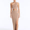 Front View: Model in Lyndon Bronze Skirt - High Waist, %100 Viscose, Ankle Length, Cut Out Detail, MOEVA Luxury Swimwear